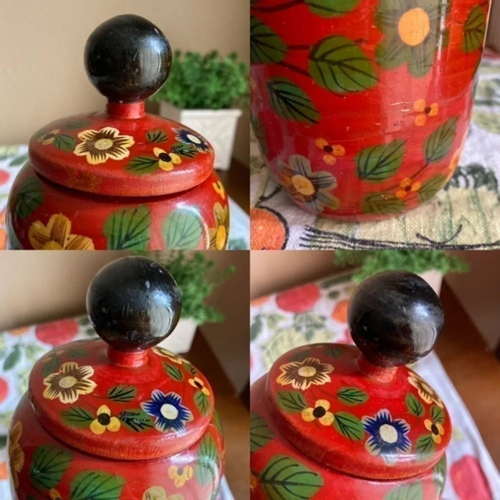 Retro Pier 1 Exports red painted decorative wooden jars with lids